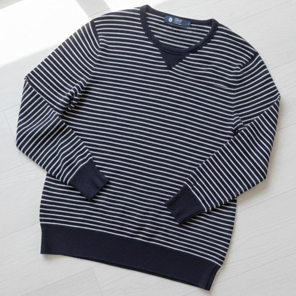 J Crew Sweater Women's Large Striped V-Neck Long Sleeve‎ Cotton Navy White